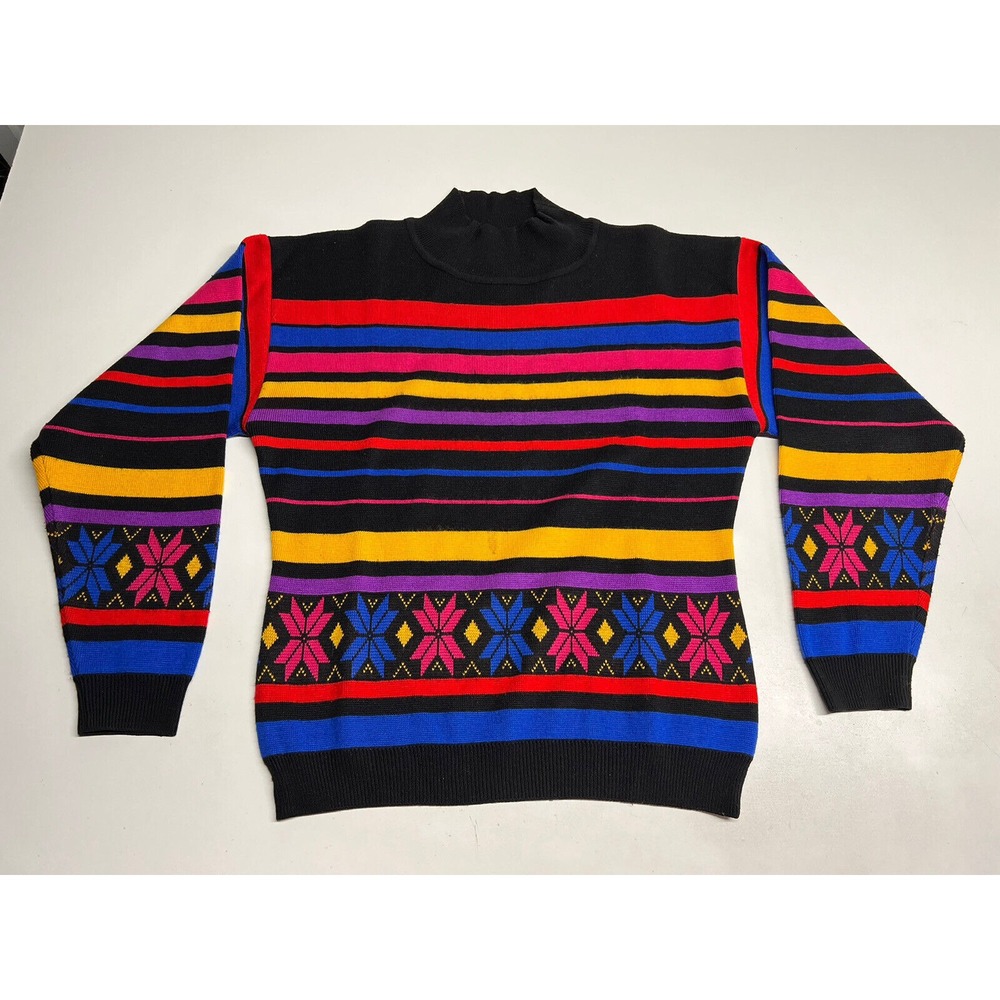 Obermeyer Sweater Black Colorful‎ Snowflake Roll Neck Pullover Vtg Women's Large